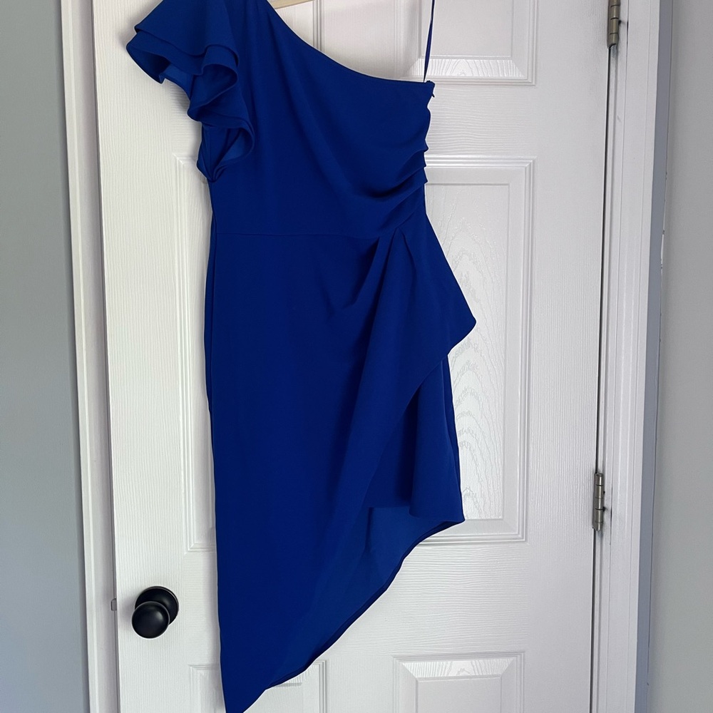 Blue Asymmetrical Ruffled One-Shoulder Cocktail Dress